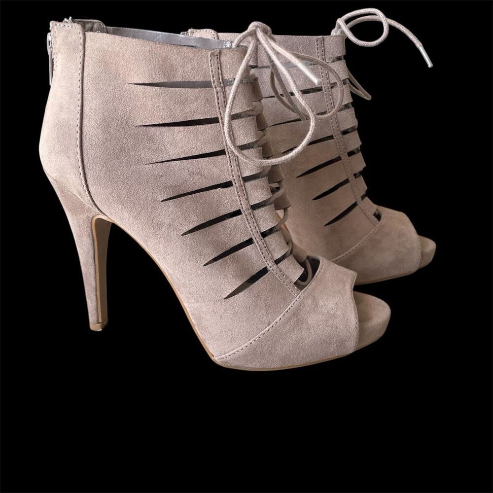 Fergalicious by Fergie Size 7.5 Strappy Sandals High Heel Tahoe Tan Suede Shoes
